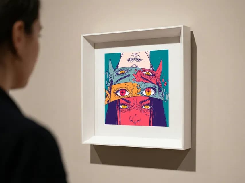 Visitor looking at AELIG frame displaying an artwork of Meli