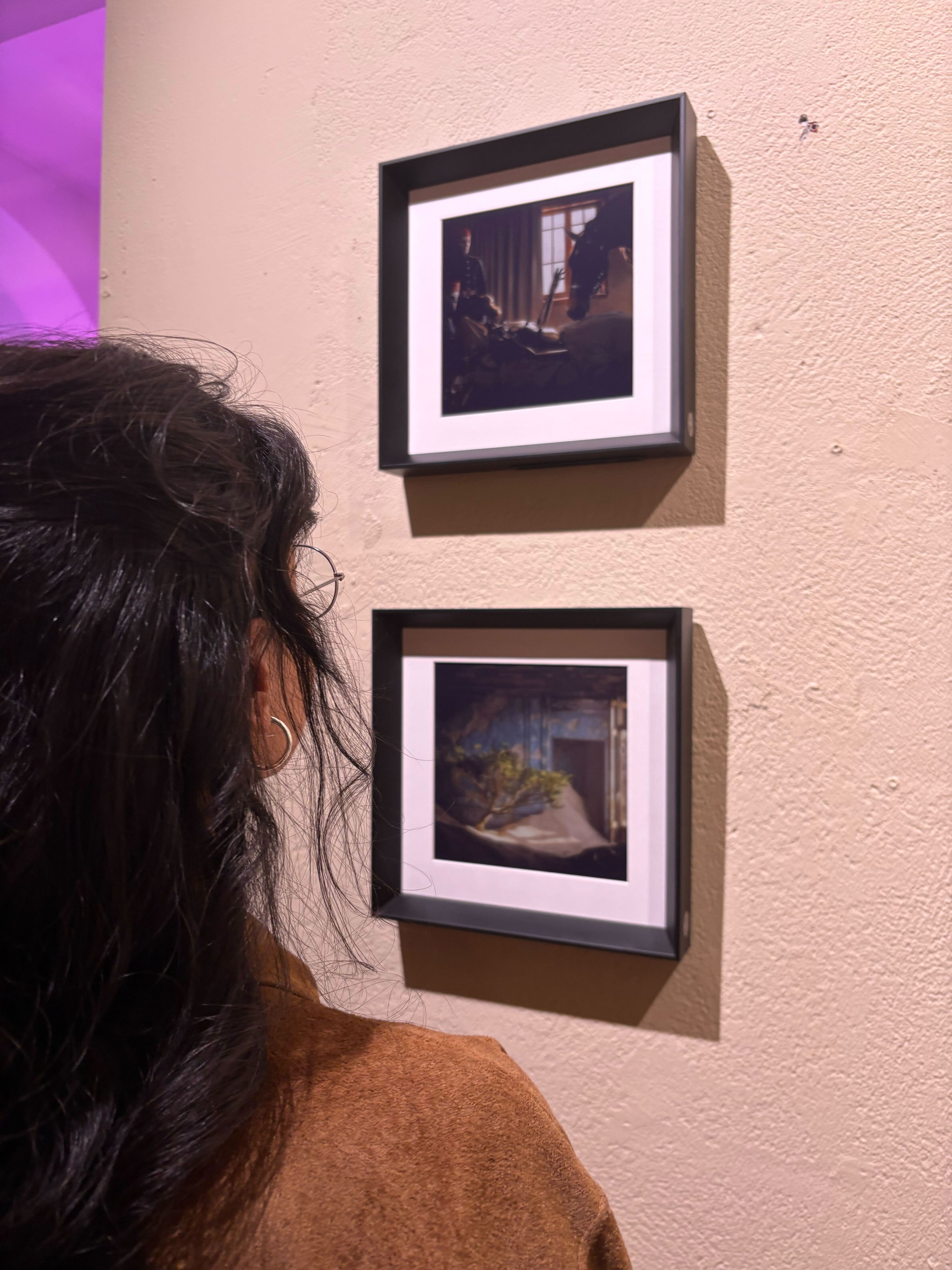 Visitor looking at AELIG frames displaying Tauma artworks