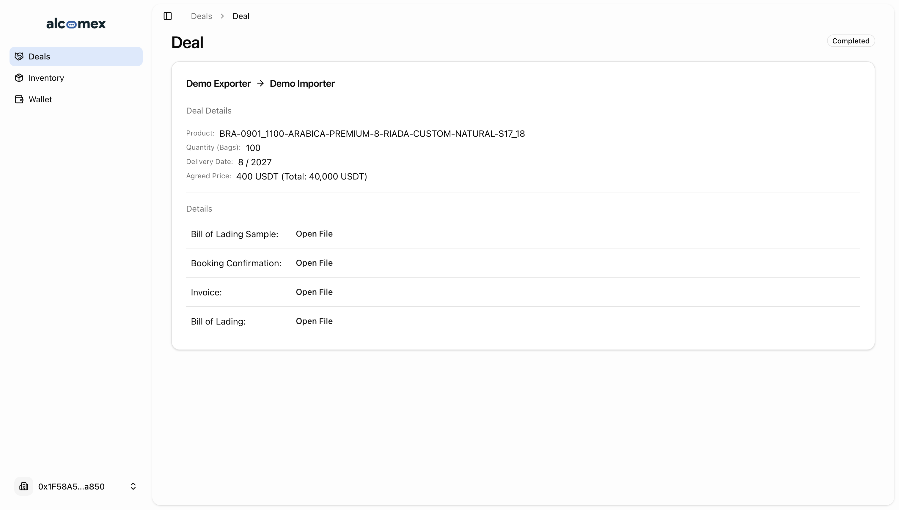 Screenshot from the Alcomex platform - completed deal